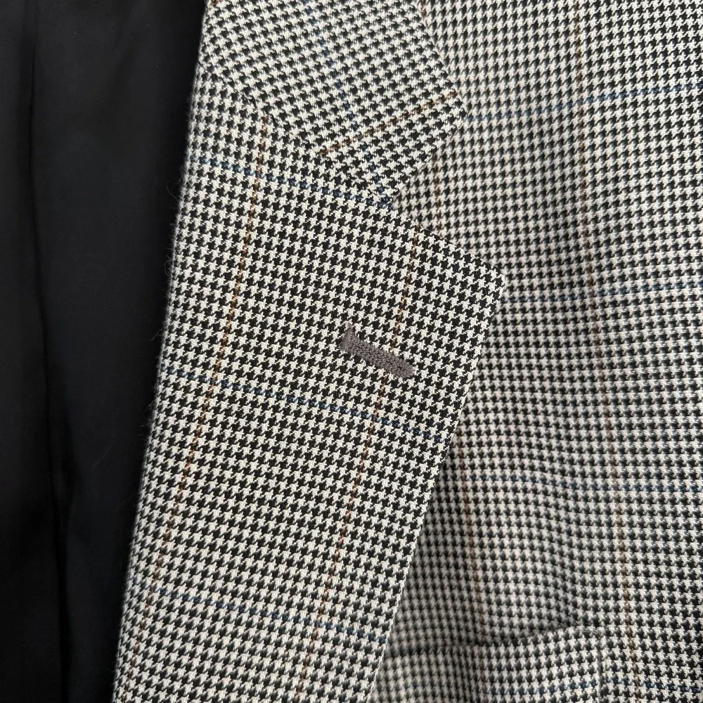 Jos A Bank Sport Coat Mens 46R Silk Wool Houndstooth Plaid Blazer Brown